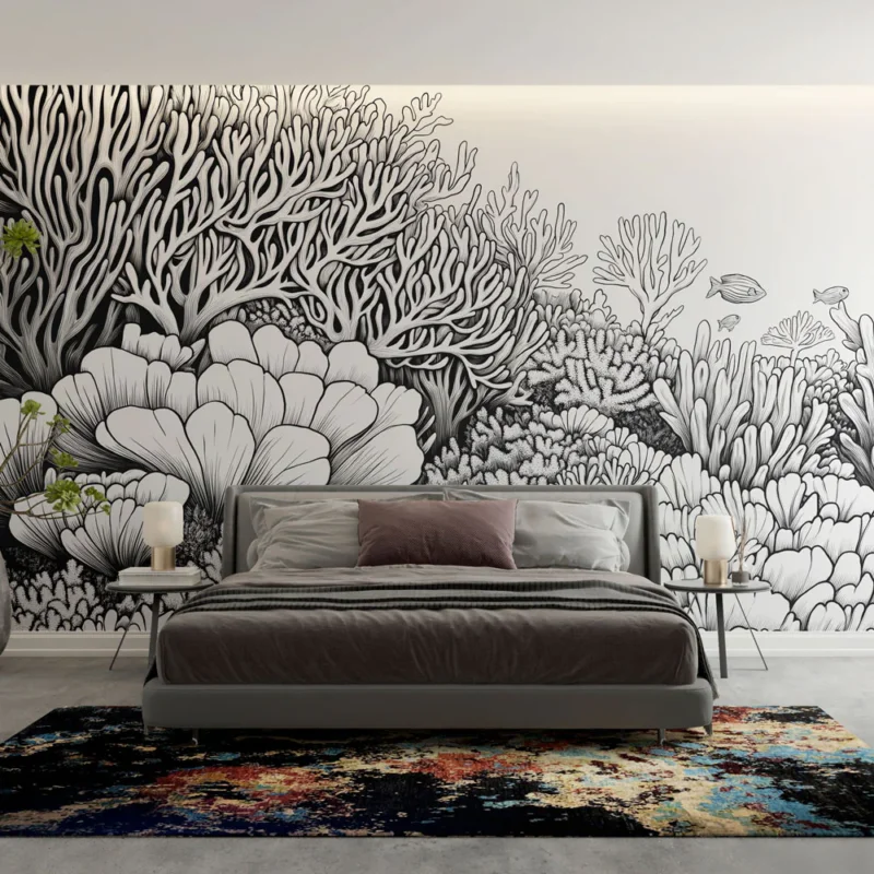 Papier peint corail Motif de coraux et végétation sous-marine en noir et blanc Haute Qualité