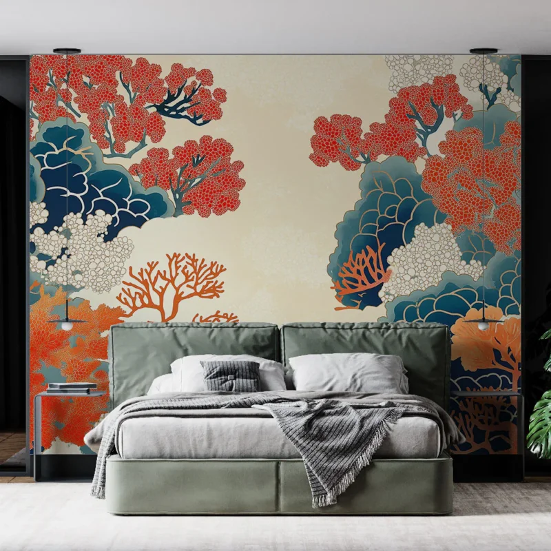 Papier peint corail Motifs de coraux colorés sur fond beige Quantité Limitée