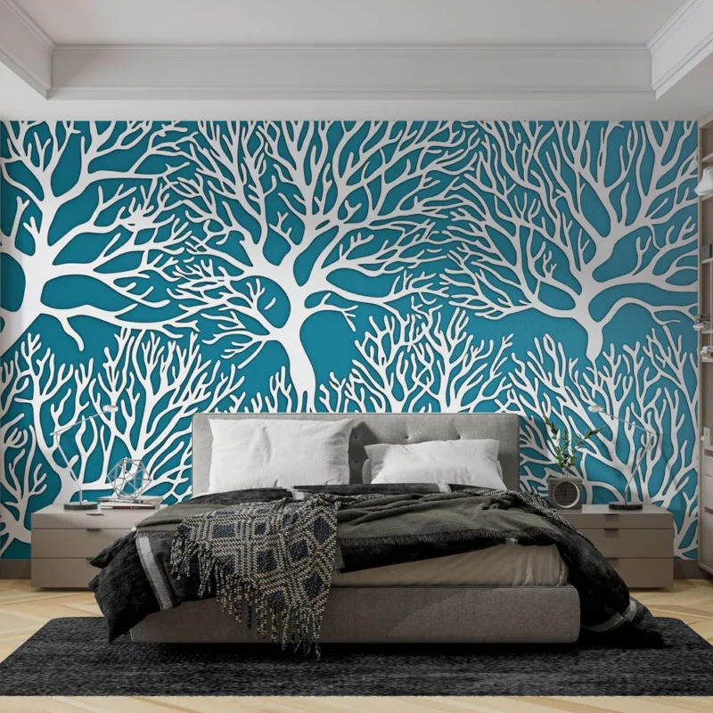 Offre Exclusive Papier peint corail Motif de corail blanc sur fond turquoise