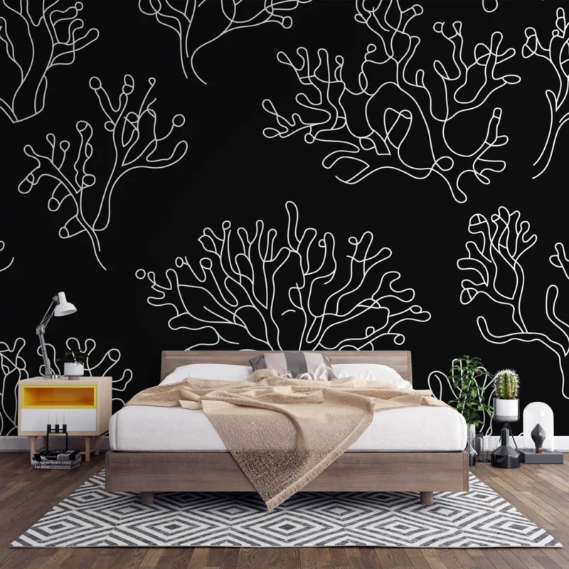 Papier peint corail Motif stylisé de corail blanc sur fond noir Authentique