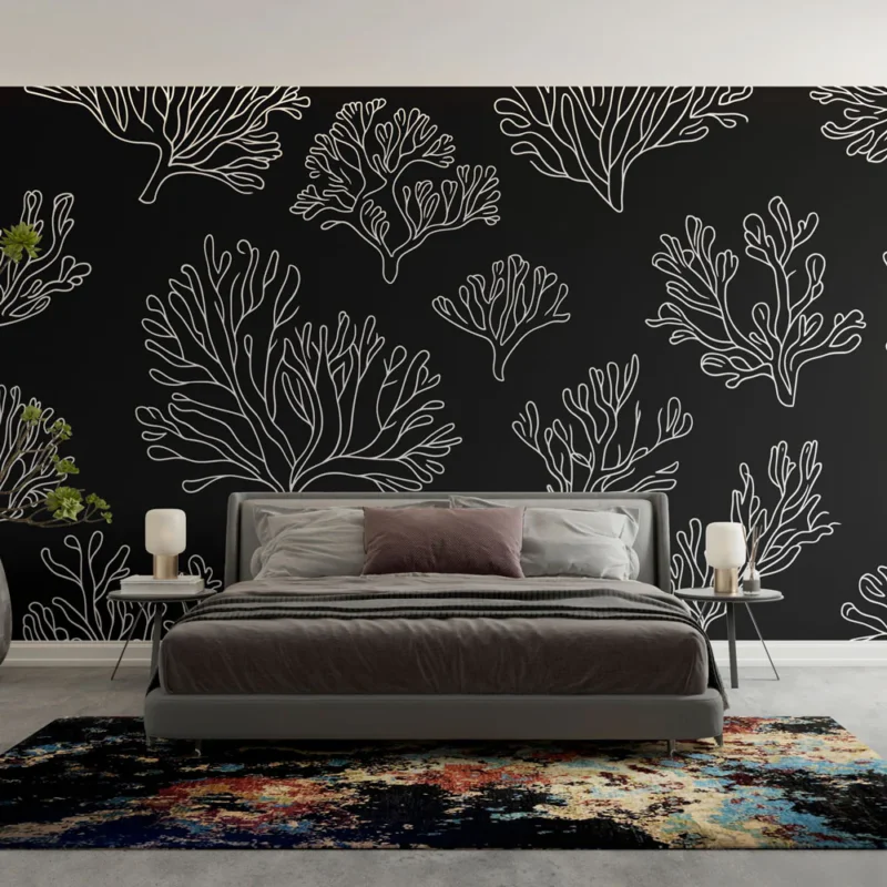 Papier peint corail Motif de corail blanc sur fond noir Top Vente
