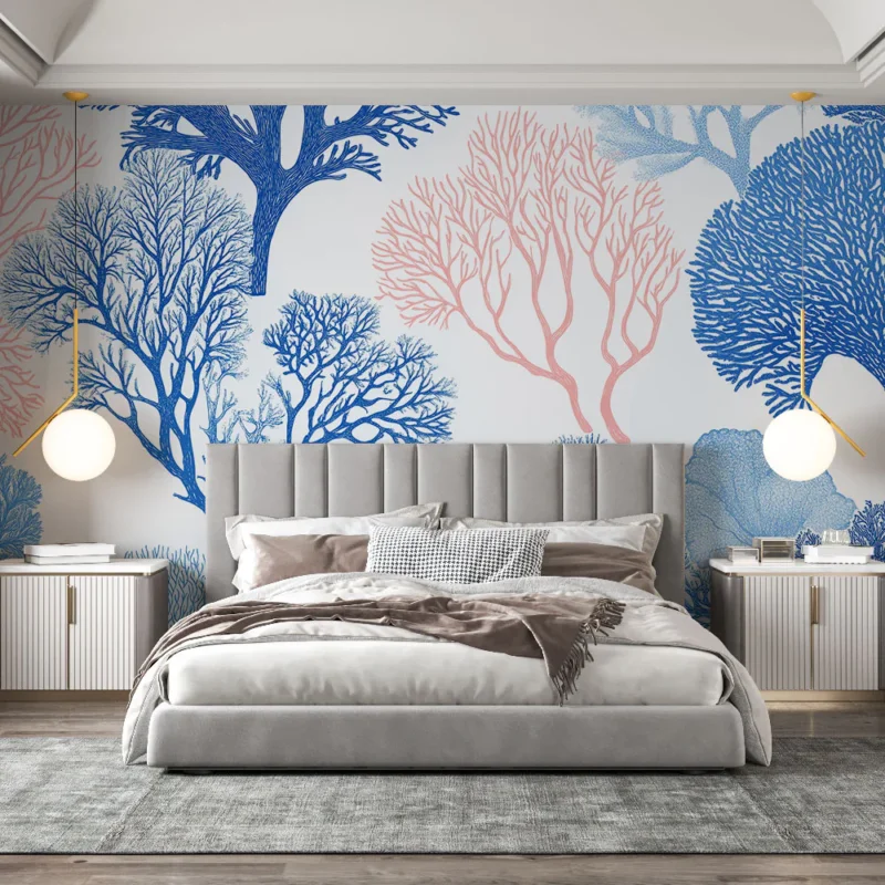 Meilleur Prix Papier peint corail Motifs de coraux et algues en bleu et rose sur fond blanc