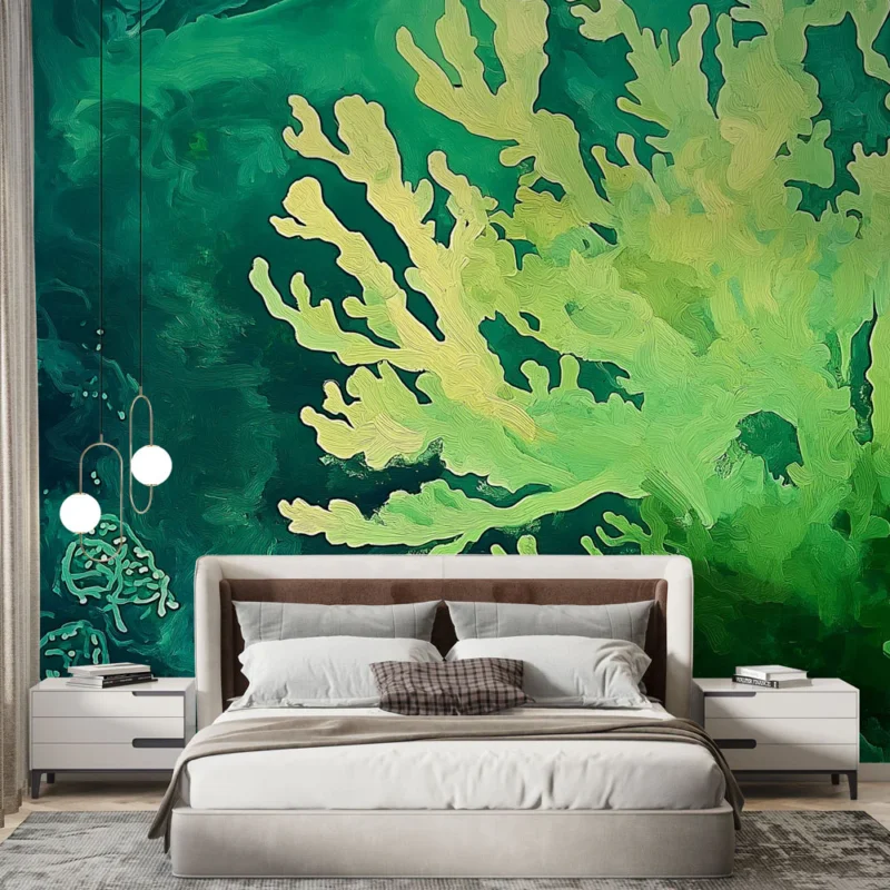 Papier peint corail Motif de corail abstrait en nuances de vert et bleu Haute Qualité