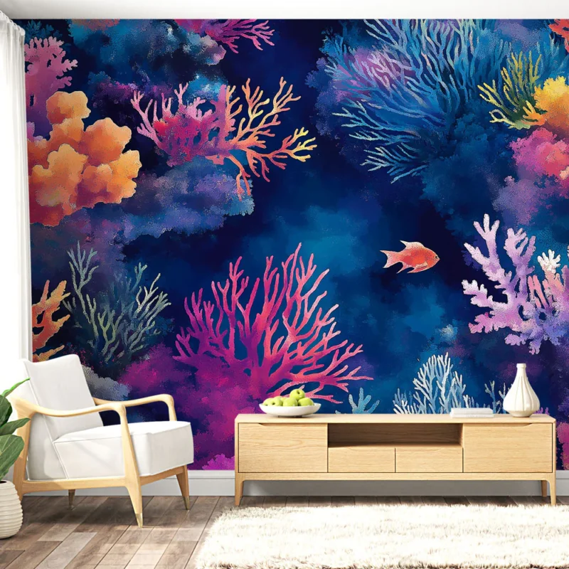 Papier peint corail Motif aquatique coloré avec coraux vibrants et poissons Quantité Limitée