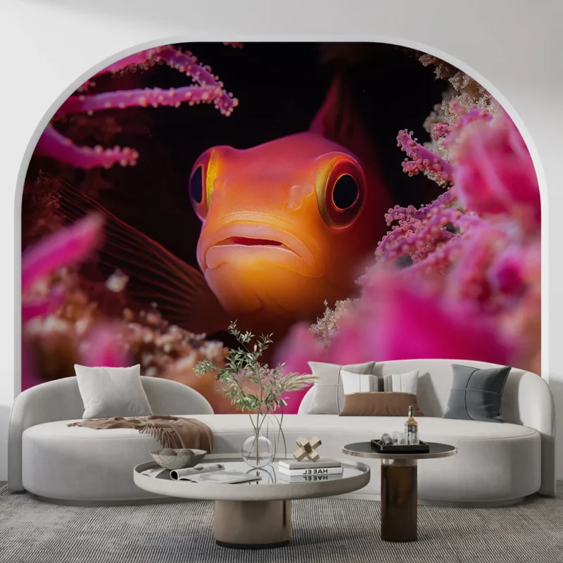 Papier peint fond marin corail Poisson orange émergeant d‘un récif coloré Livraison Express