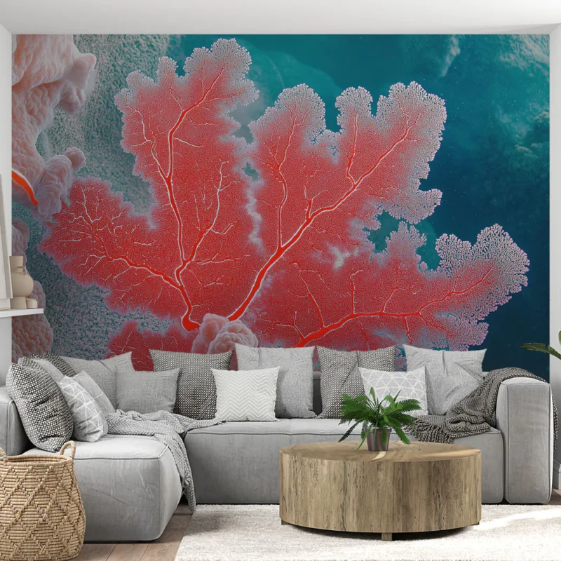 Meilleur Choix Papier peint corail Élégant motif de corail rouge sur fond aquatique