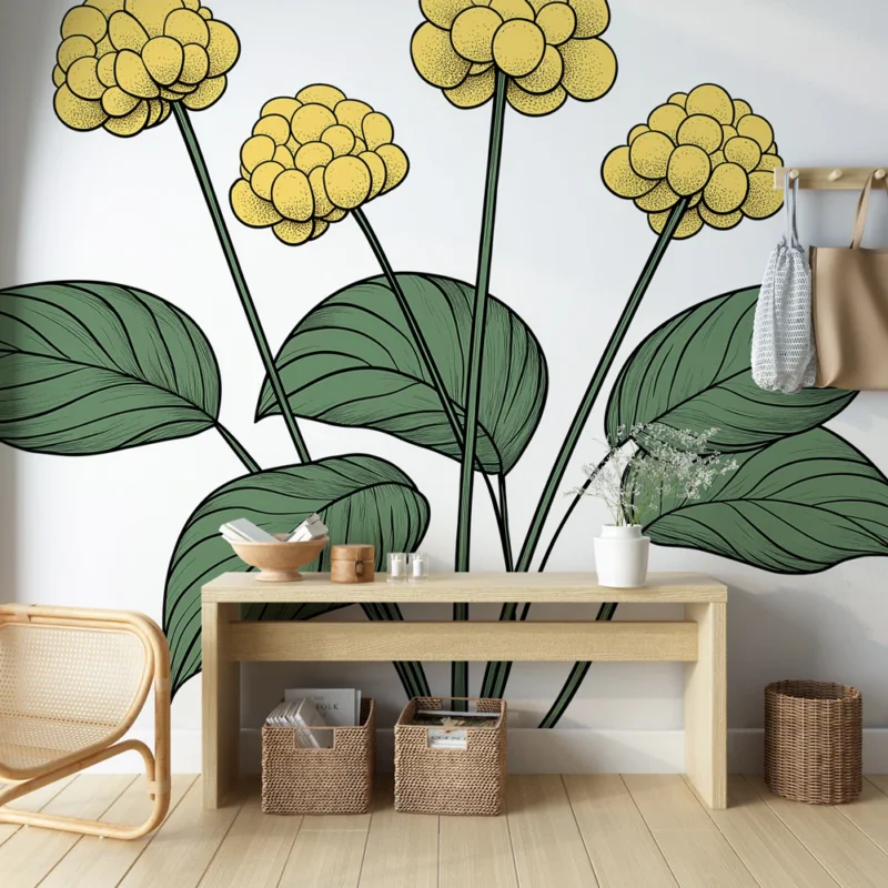 Papier peint fleurs jaunes Motif floral jaune frais avec feuillage verdoyant Commander Vite