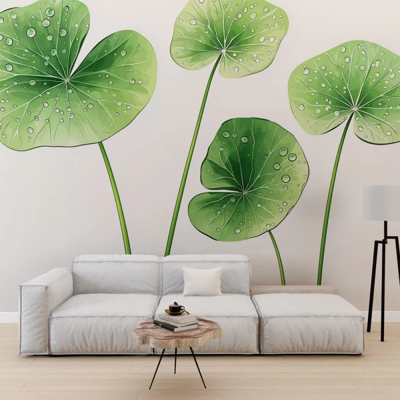 Papier peint feuilles aquatiques Feuilles vertes avec gouttes d‘eau sur fond blanc Quantité Limitée