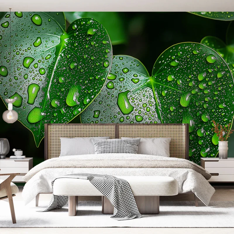 Commande En Gros Papier peint feuilles avec gouttes d‘eau Magnifiques feuilles vertes parées de perles de pluie