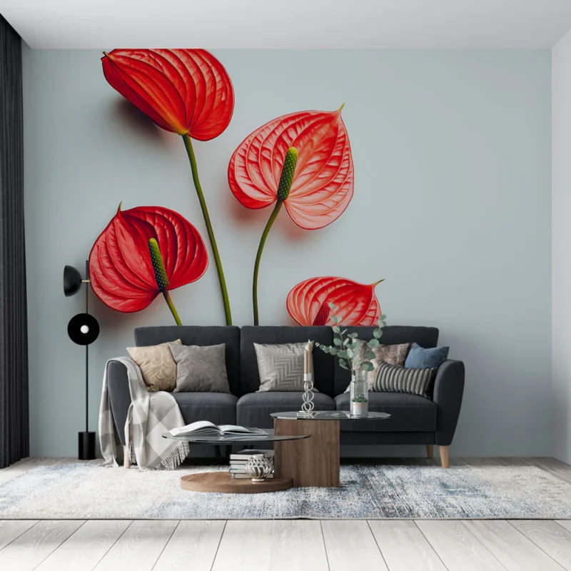 Papier peint fleurs Élégantes fleurs d‘Anthurium rouges sur fond blanc Certifié