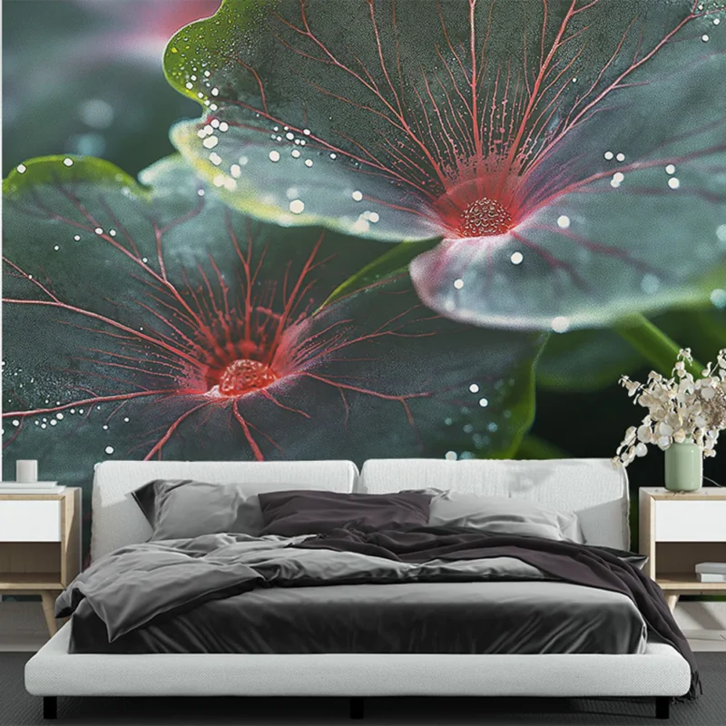 Papier peint feuilles aquatiques Magnifiques feuilles révélant des nervures délicates et des gouttes d‘eau Commander Vite