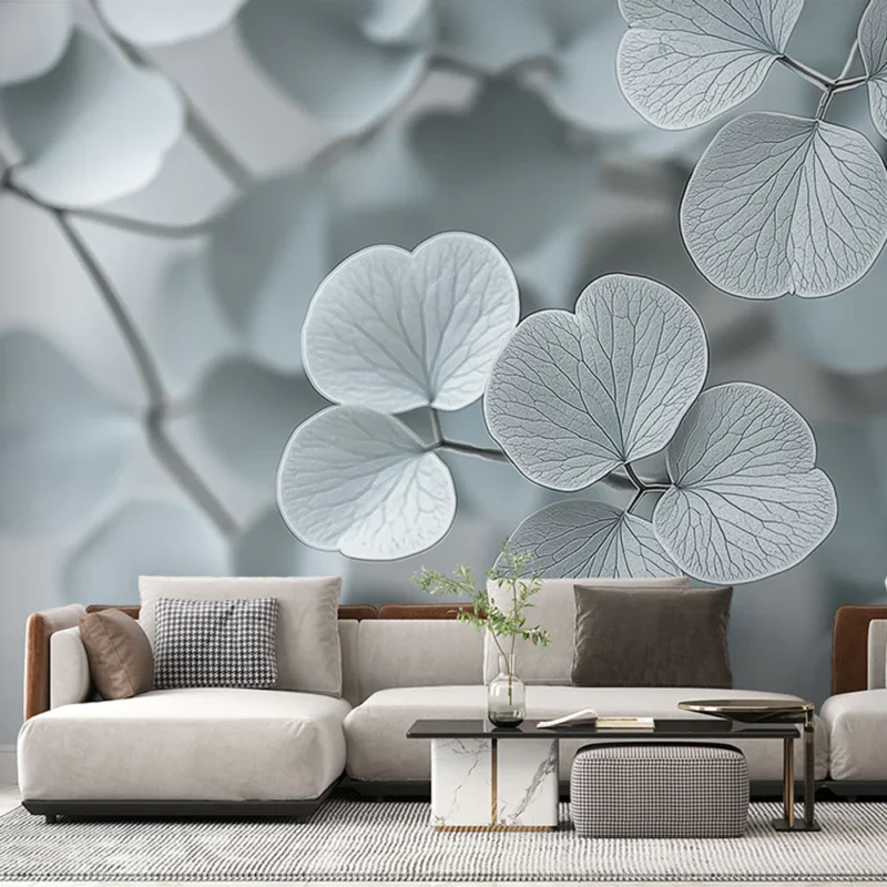 Papier peint feuilles Feuilles délicates dans des teintes bleu pastel Nouveauté