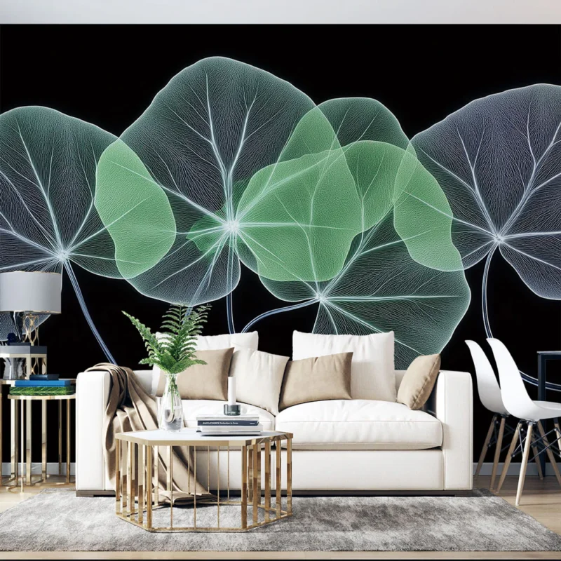 Papier peint feuilles translucides Feuilles délicates sur fond noir Prix Cassé