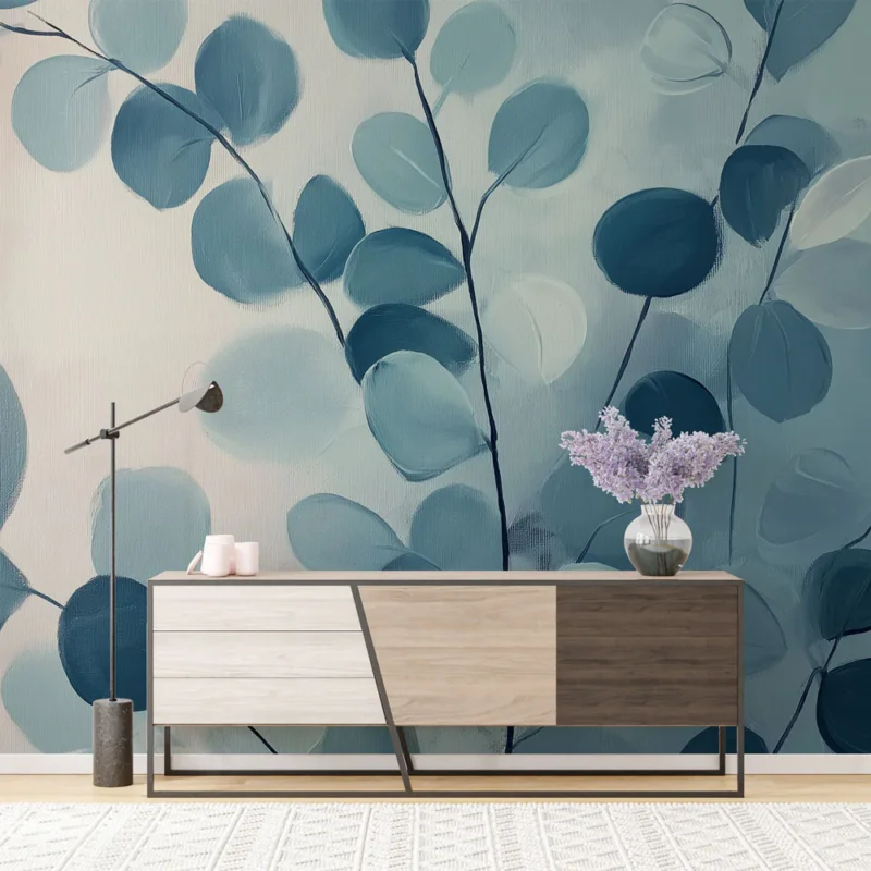 Dernier Modèle Papier peint feuillage délicat Motif de feuilles bleues sur fond doux