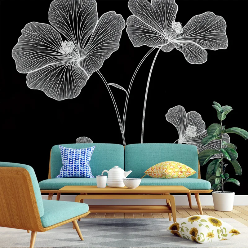Papier peint fleurs blanches Élégantes fleurs blanches sur fond noir Meilleur Choix
