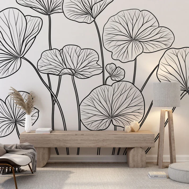 Papier peint linéaire Motif délicat de feuilles en contour noir Promotion