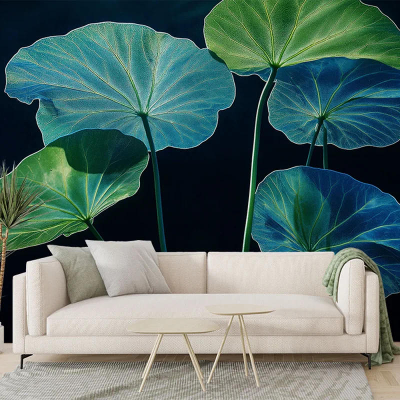 Papier peint feuilles aquatiques Feuilles délicates aux nuances de bleu et vert Meilleur Prix