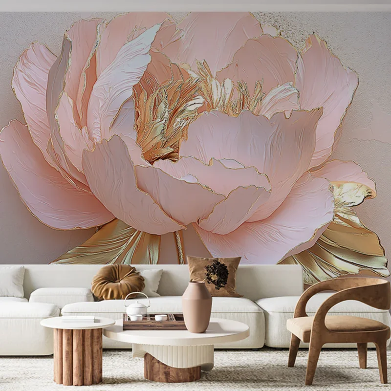 Populaire Papier peint fleur dorée Pivoine délicate aux pétales roses et dorés