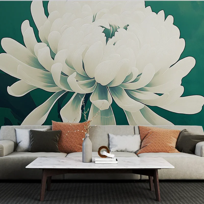 Nouveauté Papier peint fleur de chrysanthème Élégante fleur blanche sur fond vert profond