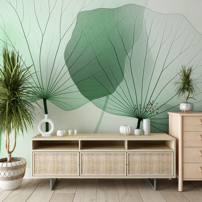 Papier peint feuilles éthérées Motif délicat de feuilles translucides et légères Nouvelle Collection