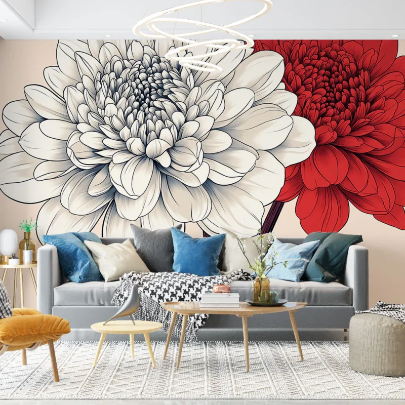 Authentique Papier peint fleurs Fleurs blanches et rouges sur fond doux