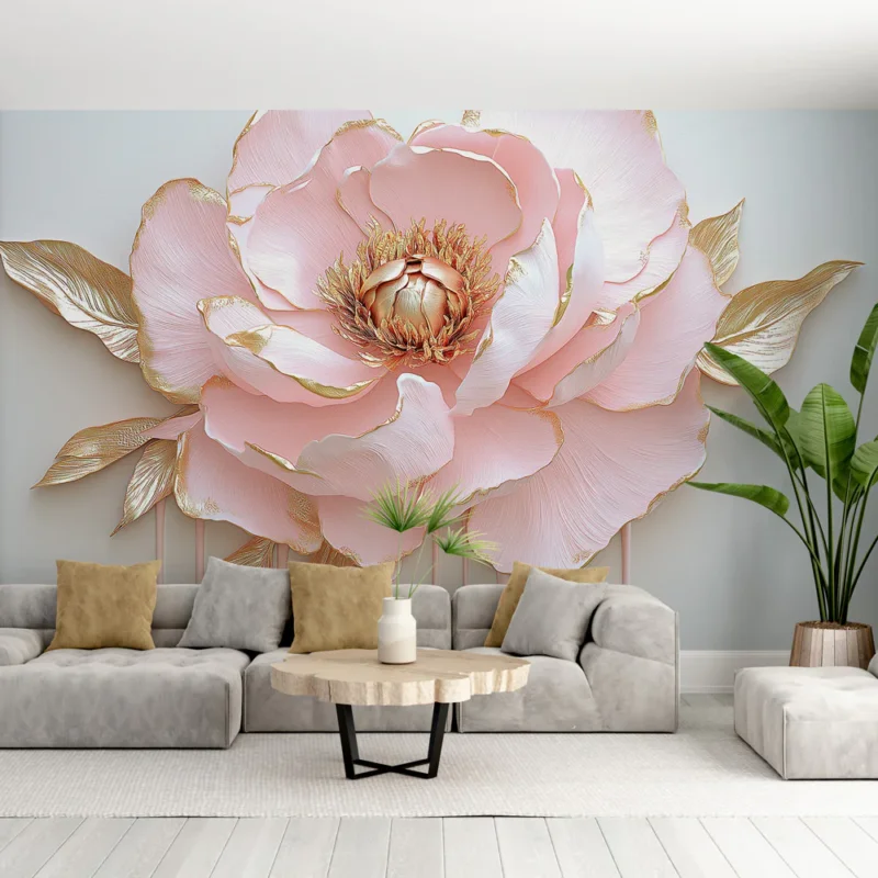 Papier peint fleur en relief Grand motif de pivoine rose avec touches dorées Bon Marché