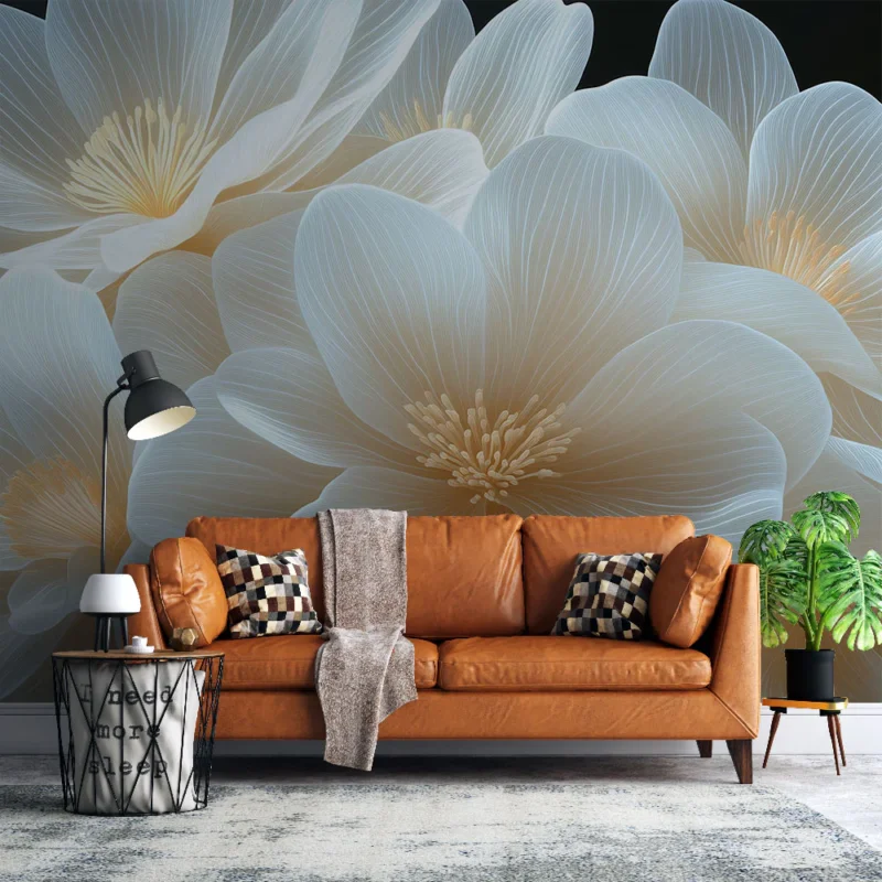 Bon Plan Papier peint fleurs délicates Motif de fleurs blanches et lumineuses sur fond sombre