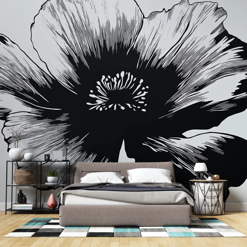 Papier peint floral noir et blanc Fleur à grande échelle au style graphique Dernière Chance