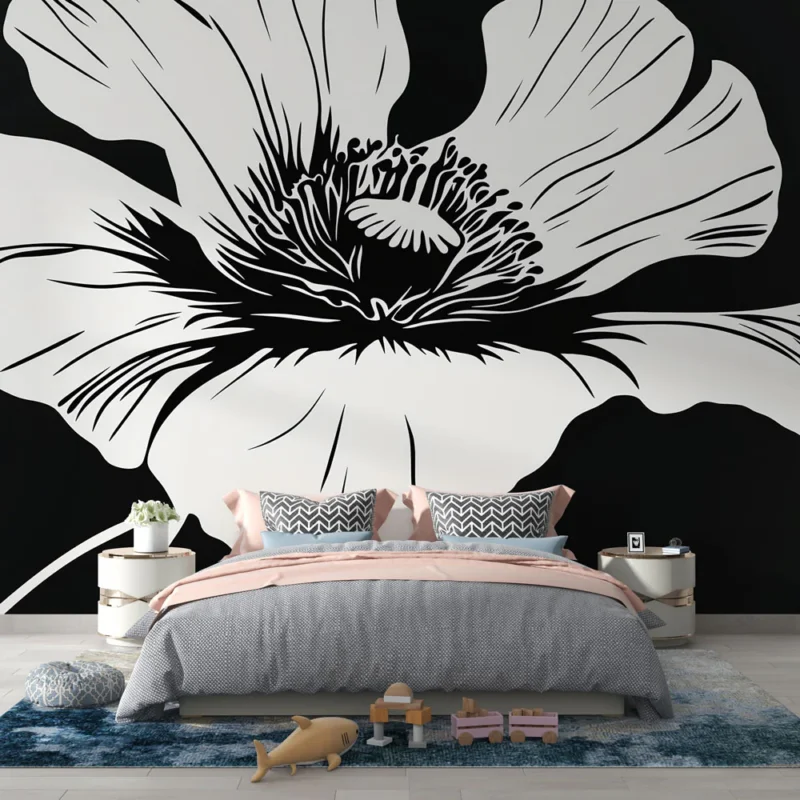 Papier peint fleur stylisée Illustration graphique d‘une fleur sur fond noir Prix Promo