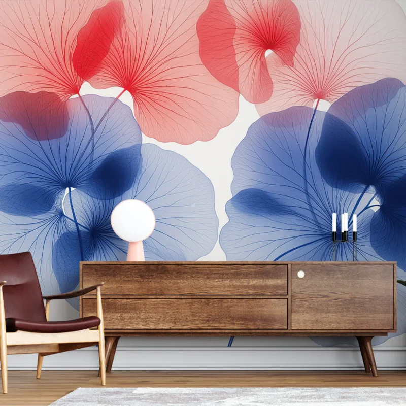 Papier peint fleurs translucides Motif de fleurs délicates en rouge et bleu Achat Immédiat