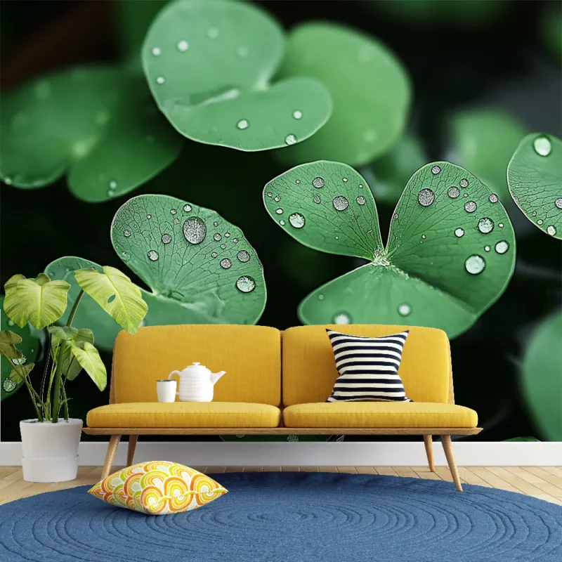 Acheter Direct Papier peint feuilles vertes Feuilles délicates avec gouttes de pluie