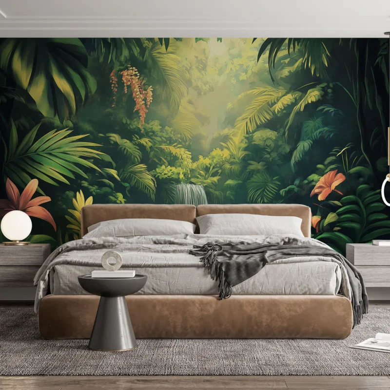 Livraison Express Papier peint forêt tropicale Cascade cachée et fleurs vibrantes