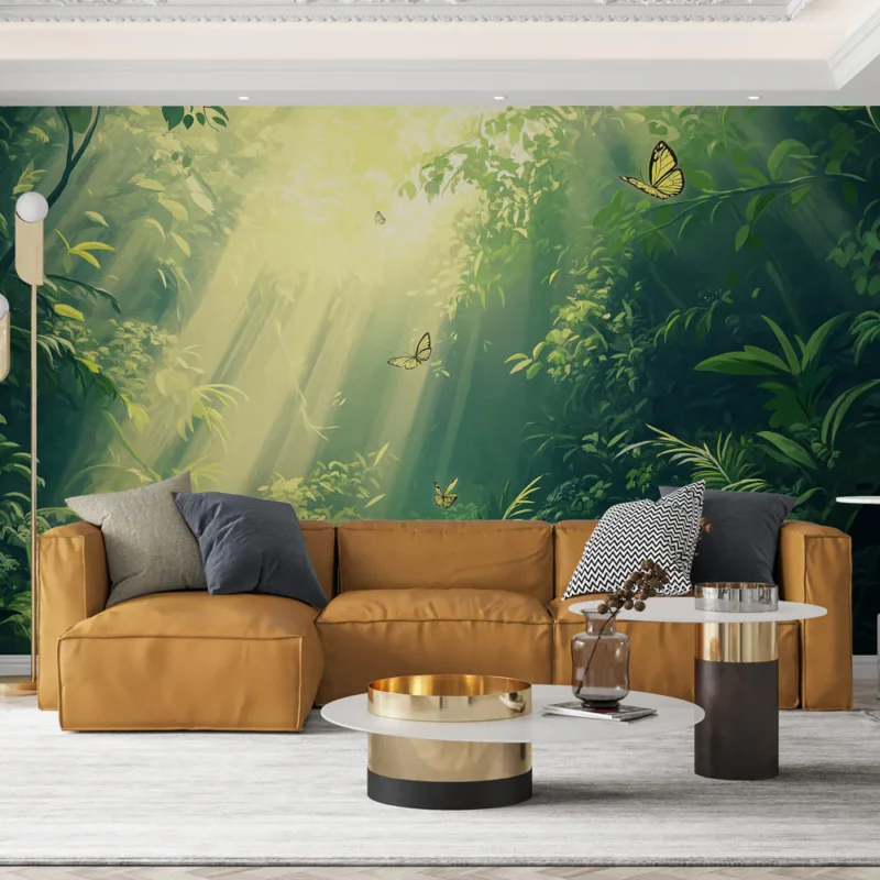 Must-Have Papier peint forêt tropicale Lumière douce et papillons dans une jungle luxuriante