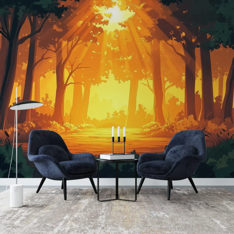 Papier peint forêt dorée Un paysage de forêt illuminé par des rayons de soleil chaleureux Vente Flash