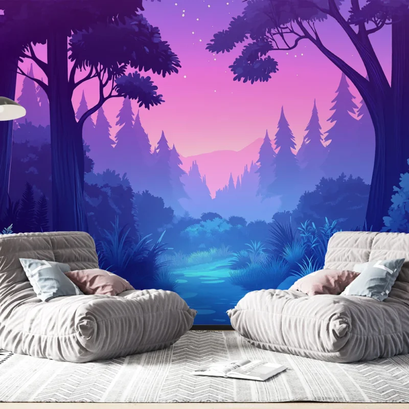 Papier peint forêt nocturne Un paysage enchanteur de forêt sous un ciel étoilé Offre Exclusive
