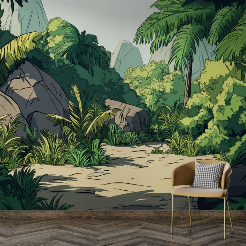 Expédition Rapide Papier peint jungle Une scène tropicale luxuriante avec des palmiers et des rochers