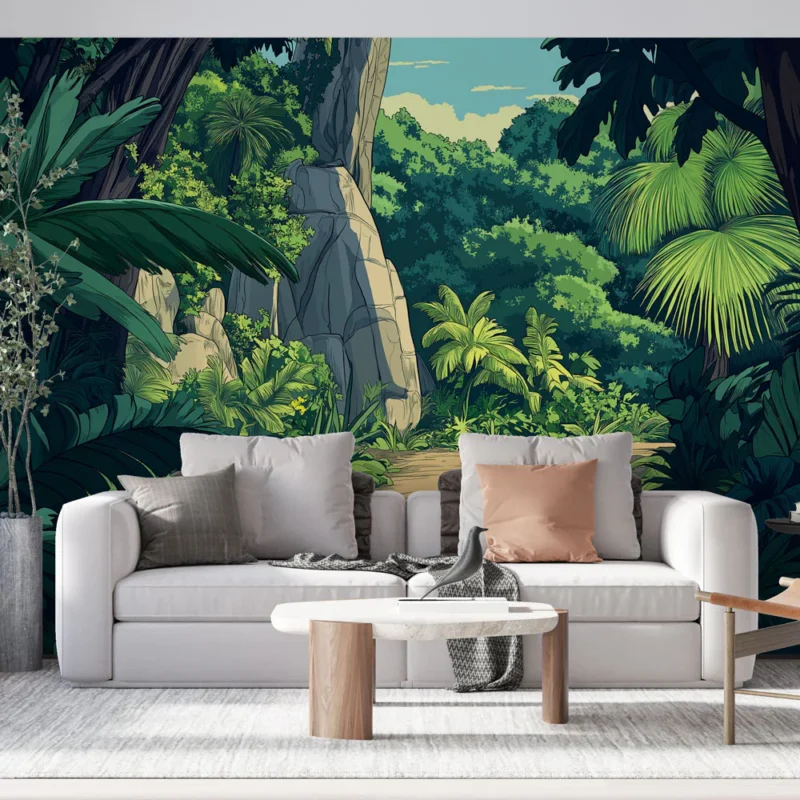 Papier peint jungle Un paysage verdoyant avec des feuillages luxuriants et des rochers Nouvelle Collection