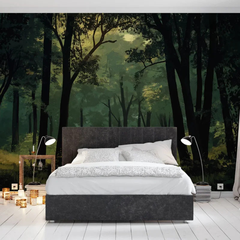 Offre Limitée Papier peint forêt mystérieuse Paysage forestier apaisant avec lumière dorée
