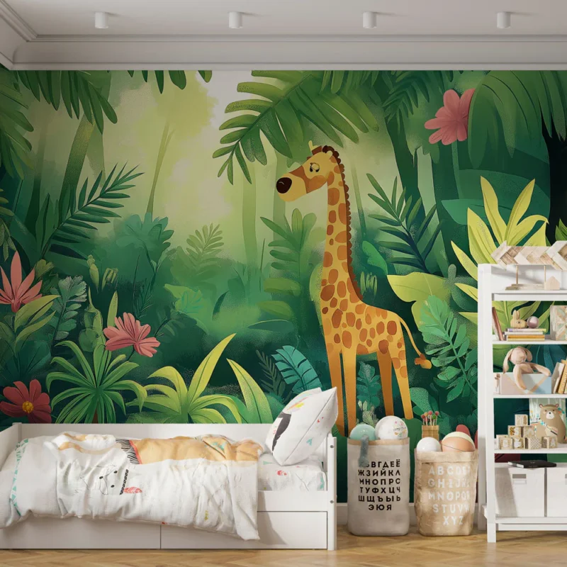 Papier peint girafe Illustration colorée d‘une girafe dans une jungle tropicale Réduction