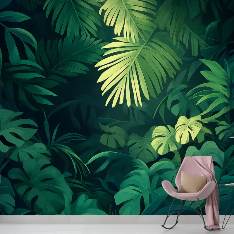 Authentique Papier peint feuillage tropical Feuilles luxuriantes dans des nuances de vert