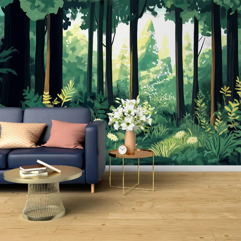 Bon Plan Papier peint forêt luxuriante Un paysage forestier verdoyant avec des fleurs éclatantes