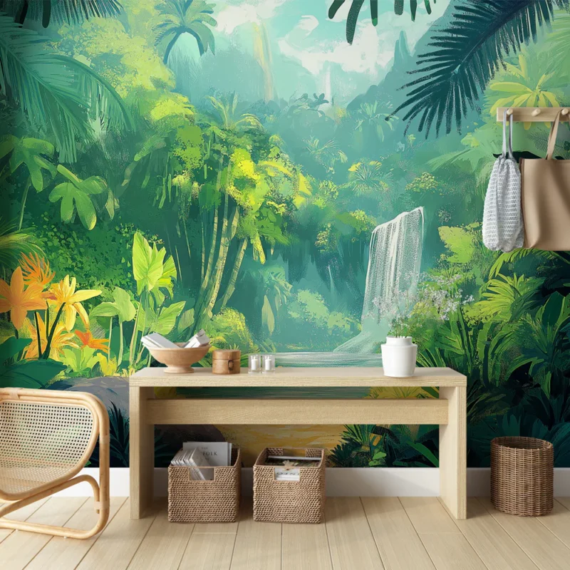 Papier peint jungle Paysage verdoyant avec cascade et fleurs tropicales Prix Cassé