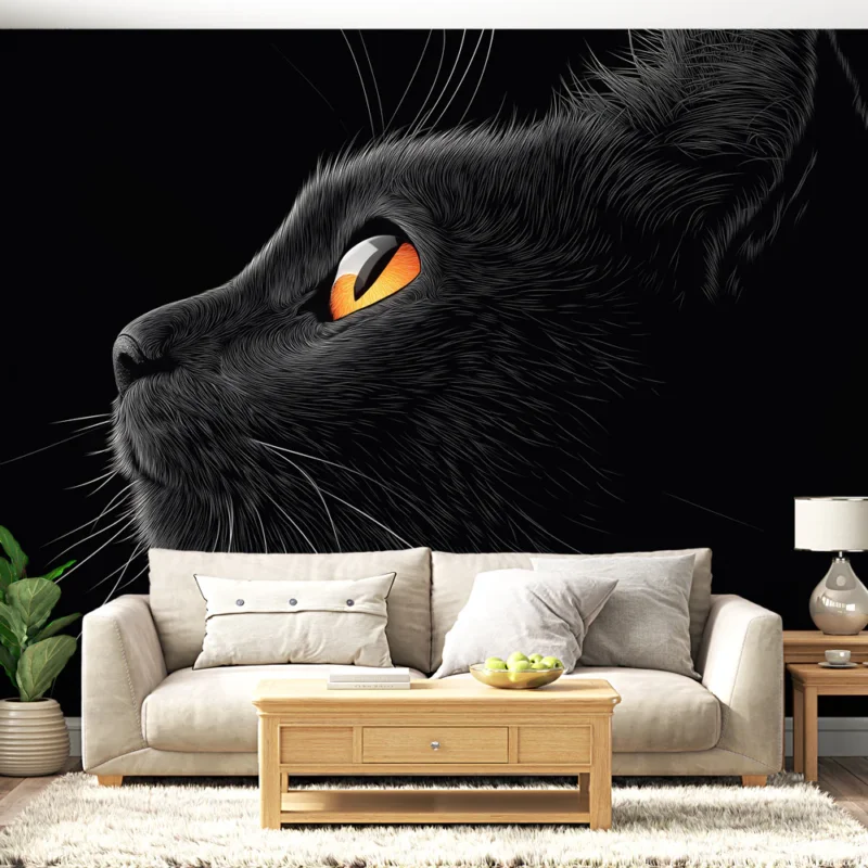 Papier peint chat noir Profil élégant d‘un chat noir aux yeux orange Offre Du Jour