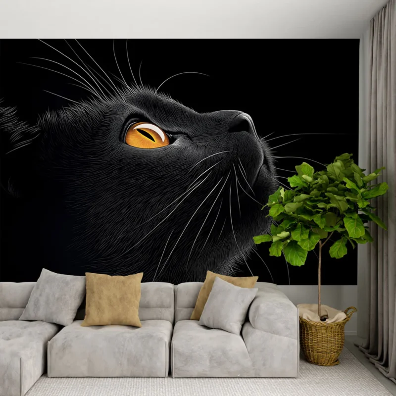 Achat Immédiat Papier peint chat noir Portrait artistique d‘un chat noir aux yeux orange