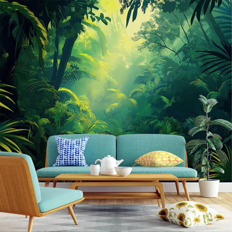 Authentique Papier peint jungle Plantes luxuriantes dans une forêt ensoleillée