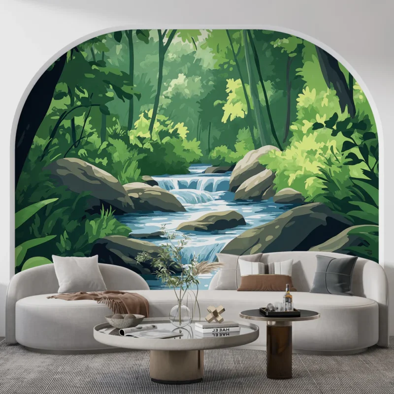 Offre Du Jour Papier peint rivière Une atmosphère paisible avec une rivière entourée d‘une verdure luxuriante
