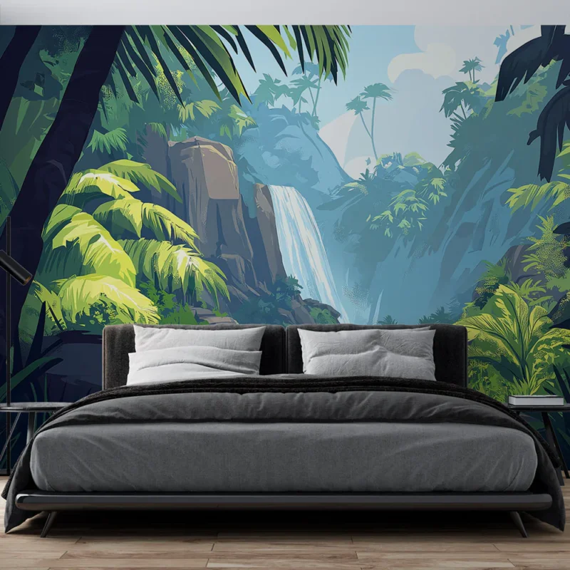 Papier peint jungle Cascade verdoyante au cœur de la nature tropicale Prix Bas