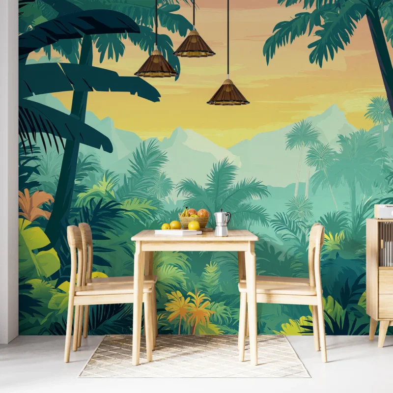 Papier peint jungle Vibrante toile de fond de jungle tropicale au coucher du soleil Prix Choc