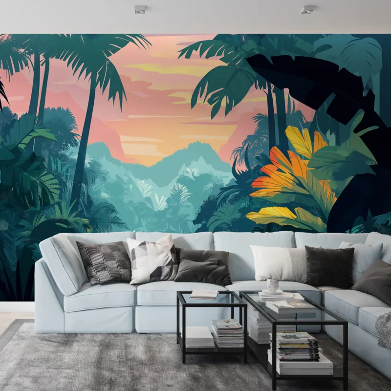 Papier peint jungle Paysage tropical vibrant au coucher de soleil Authentique