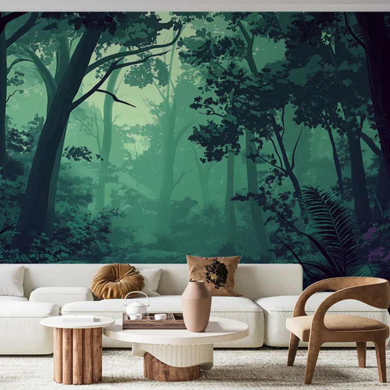 Papier peint forêt mystérieuse Une ambiance de forêt brumeuse avec des touches de vert et de violet Nouvelle Collection